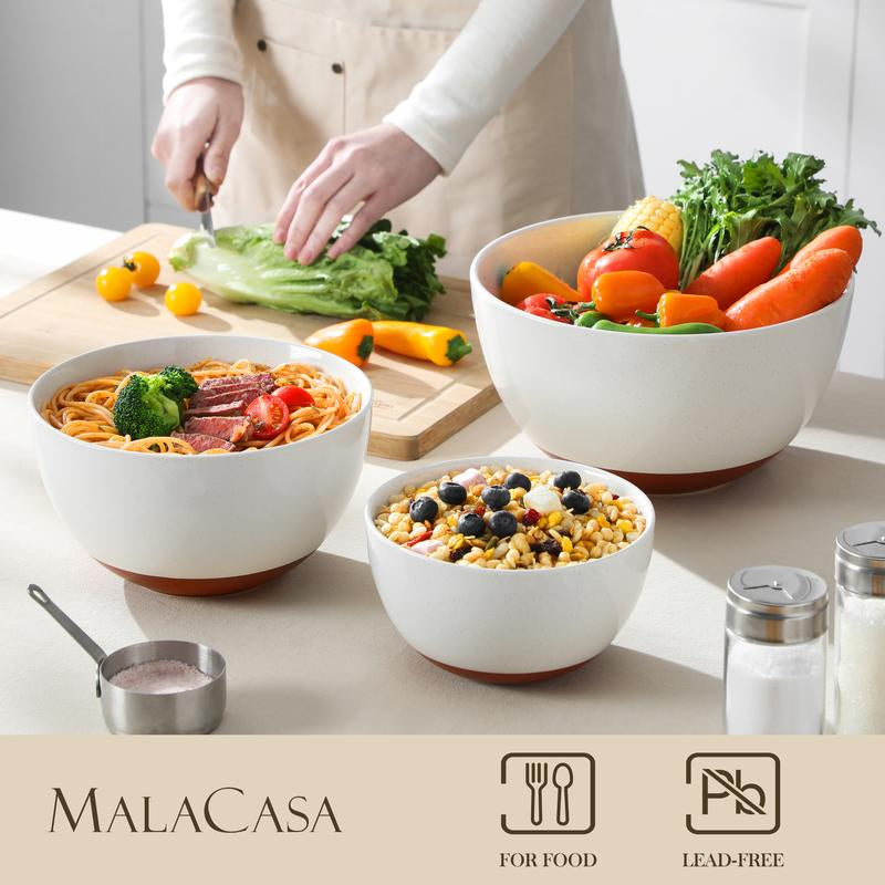 MALACASA Ceramic Large Mixing Bowls, Large Serving Bowls for Cooking, Prepping, Baking, Salad, Soup, Popcorn, Pasta, Nesting Bowls Set of 3, 4.38/2.5/1.44 Qt, Oven, Microwave and Dishwasher Safe Tiktokshopblackfriday