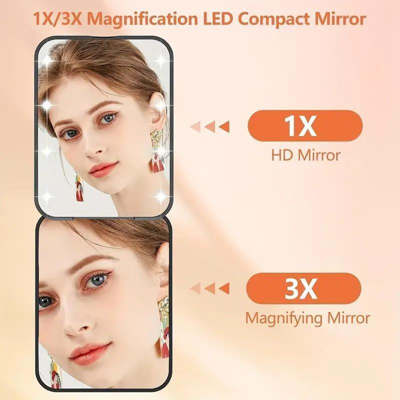 LED Pocket Mirror with Light, 1x/3x Magnification, Compact Travel Makeup Mirror, Foldable Handbag & Purse Friendly