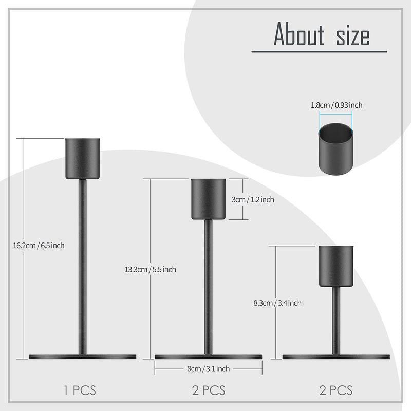 Black Iron Candlestick Holders Set of 5 – Taper Candle Candelabra, 0.9" Diameter, Ideal for Home Decor