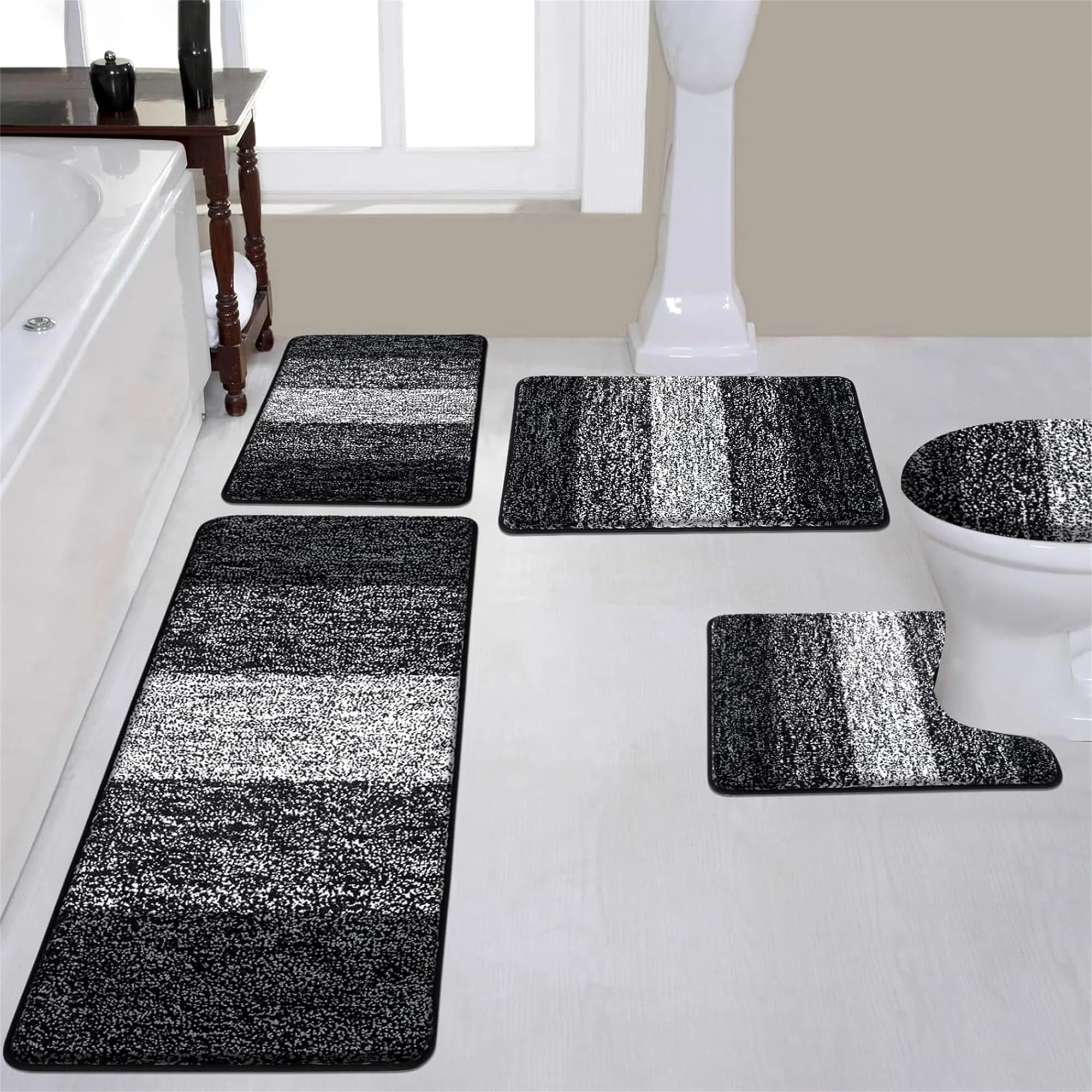 Traditional 4 Piece Microfiber Washable Bathroom Rug Set, Grey
