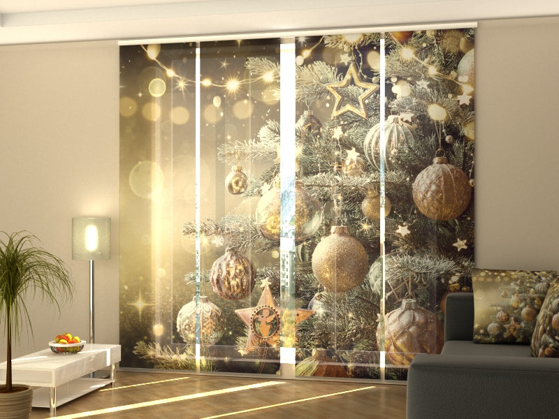 Luxurious Retro Gold Christmas Tree panel curtain Set with Festive HD Print