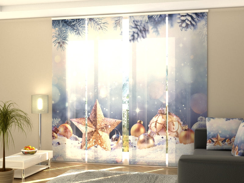 Golden Star & Snow Christmas Panel Curtain Set – 4 Decorative Panels