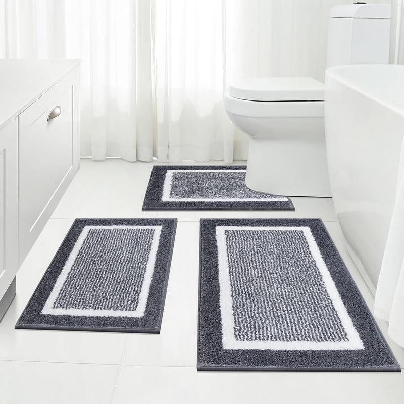 LOKHOM 3-Piece Bathroom Rug Set – Non-Slip, Absorbent Microfiber, Soft Farmhouse Style, Includes U-Shaped Toilet Mat & Shower Rug – Machine Washable