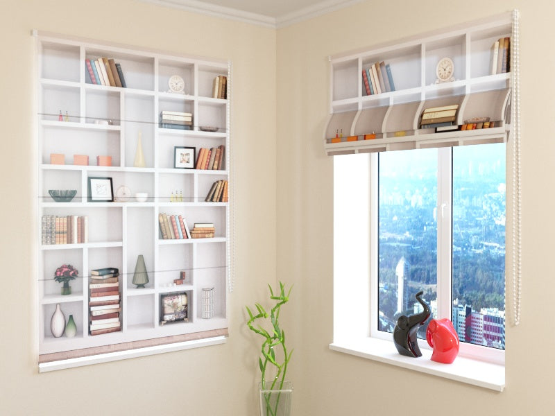 Elevated White Bookshelf roman shades for Sophisticated Interiors