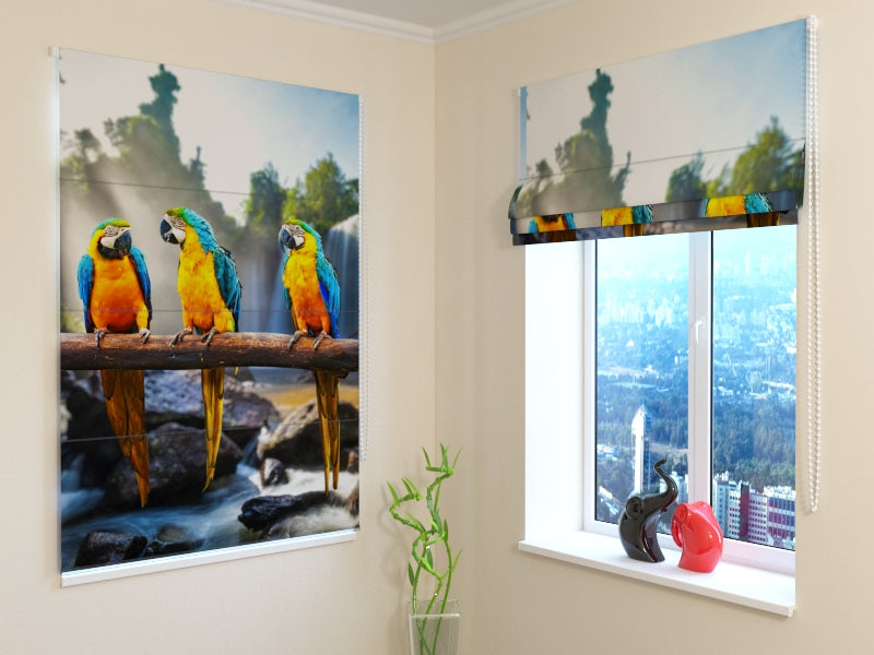Superior Three Parrots roman shades for Vibrant Tropical Interiors