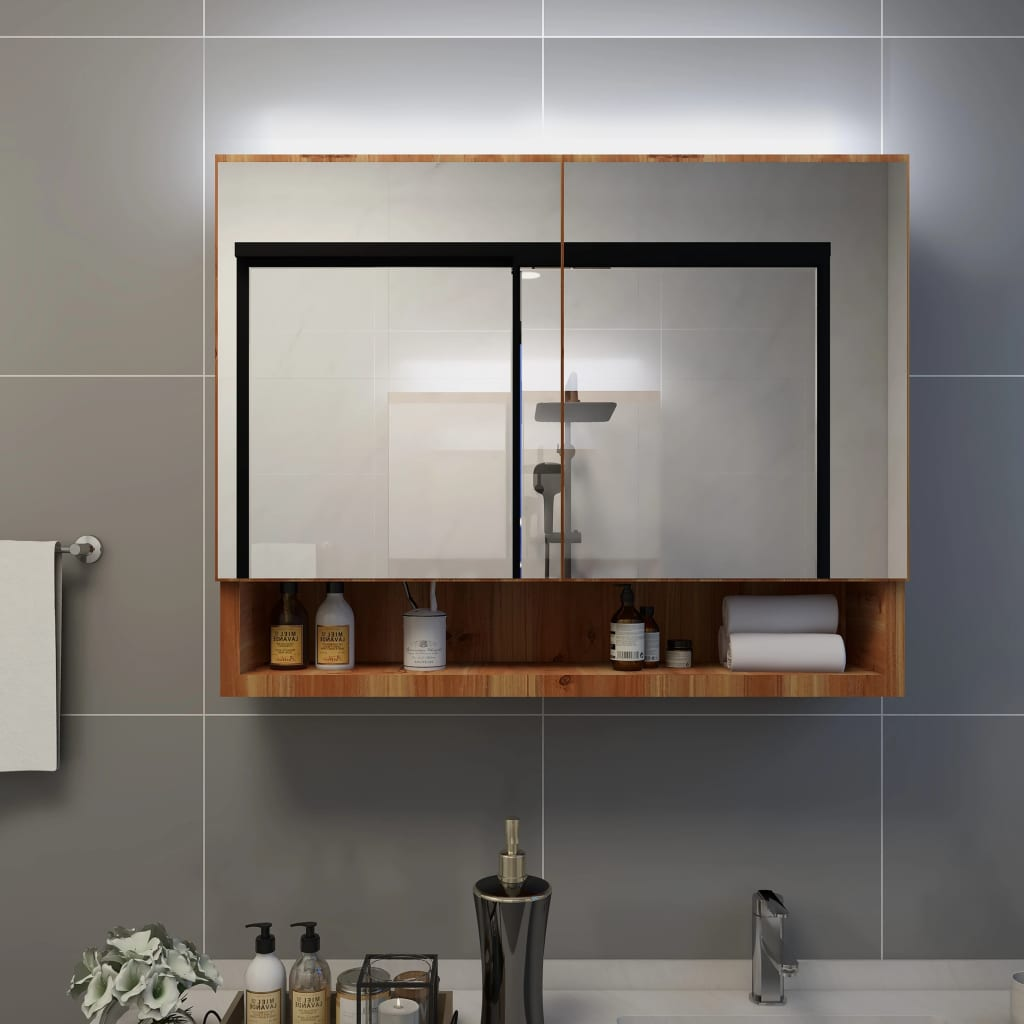 vidaXL LED Bathroom Mirror Cabinet Oak 80x15x60 cm MDF
