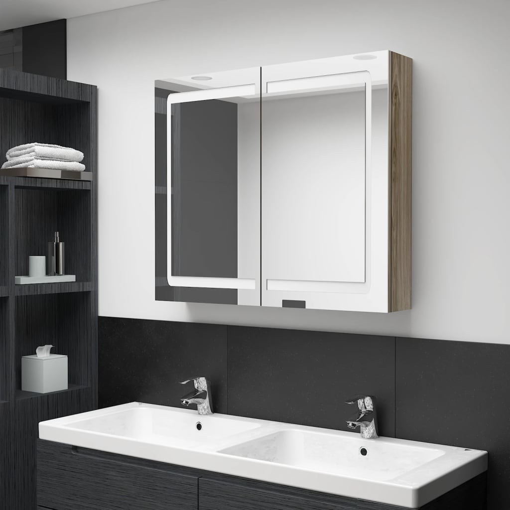vidaXL LED Bathroom Mirror Cabinet Oak 80x12x68 cm