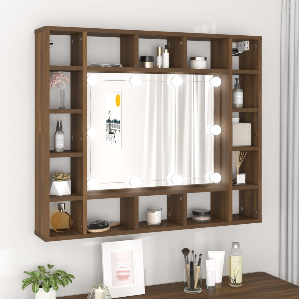 vidaXL Mirror Cabinet with LED Brown Oak 91x15x76.5 cm