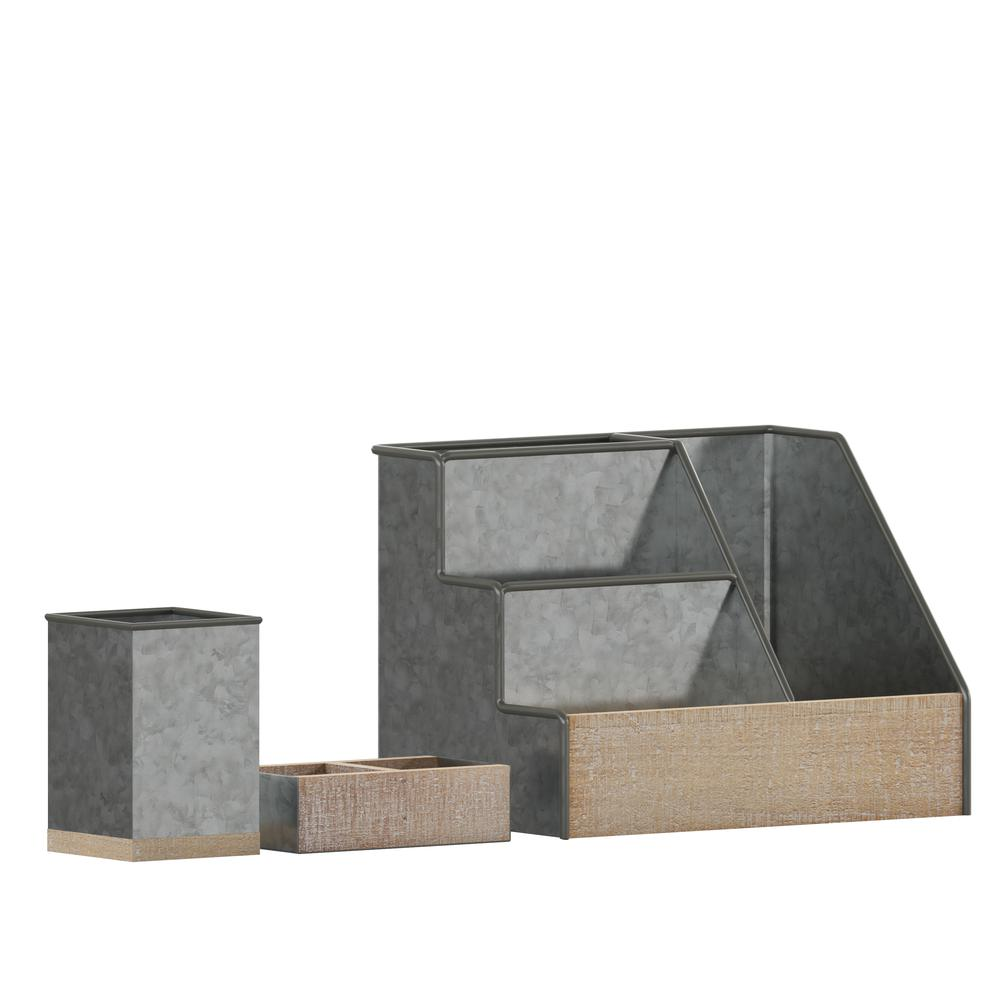 3-Piece Galvanized Metal & Wood Desktop Organizer Set