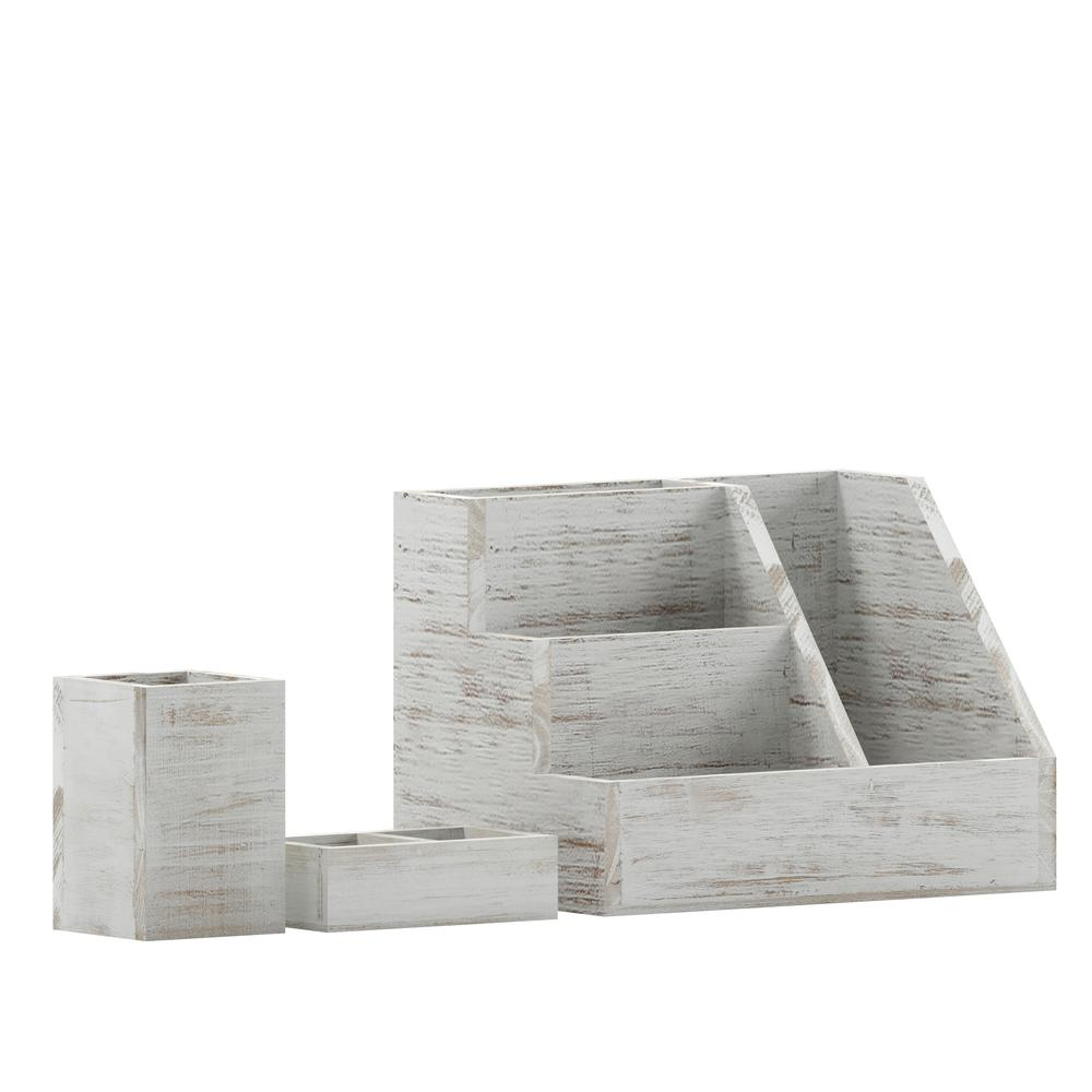 3-Piece Wooden Desktop & Vanity Organizer Set – Whitewashed Finish