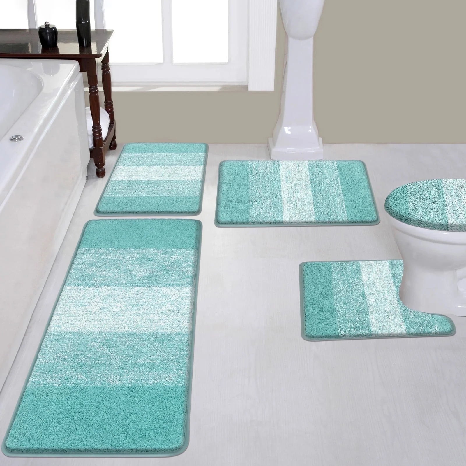 Traditional 4 Piece Microfiber Washable Bathroom Rug Set, Grey