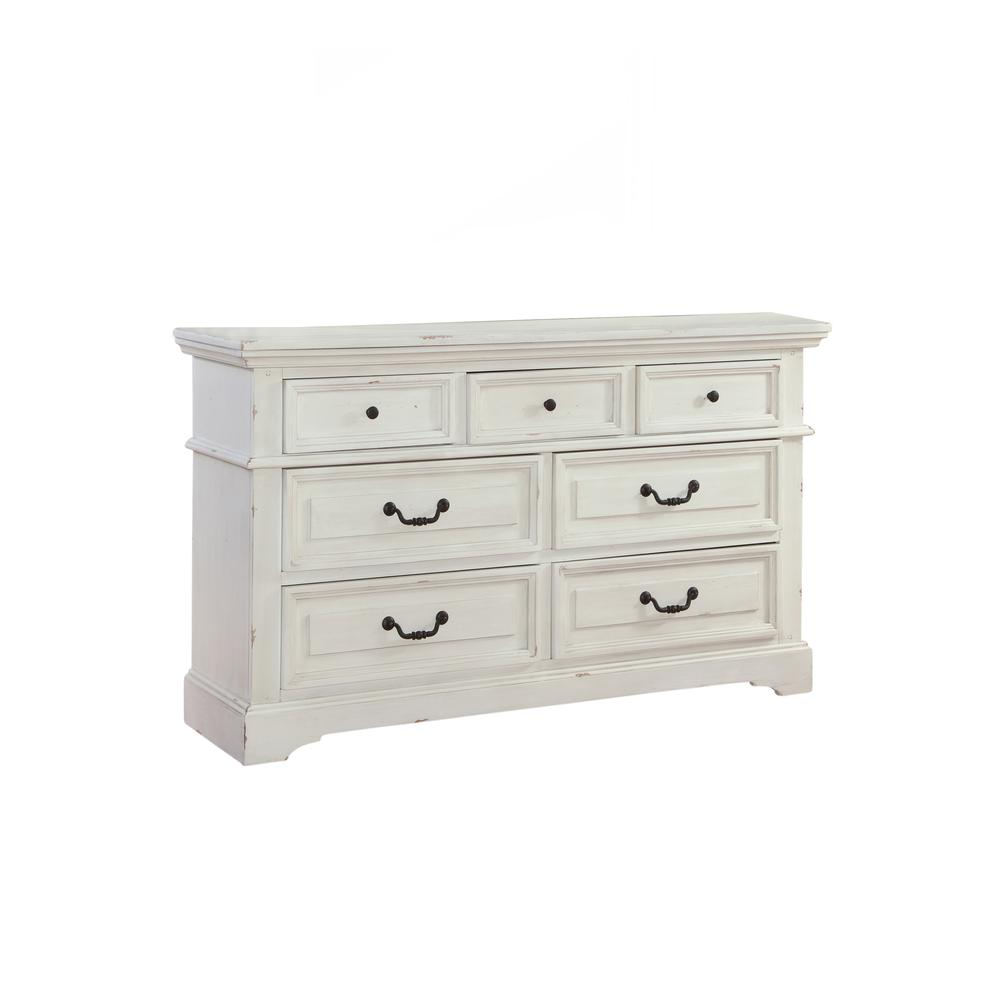 Stonebrook Rustic Farmhouse Dresser in Distressed Antique White with Felt-Lined Top Drawer