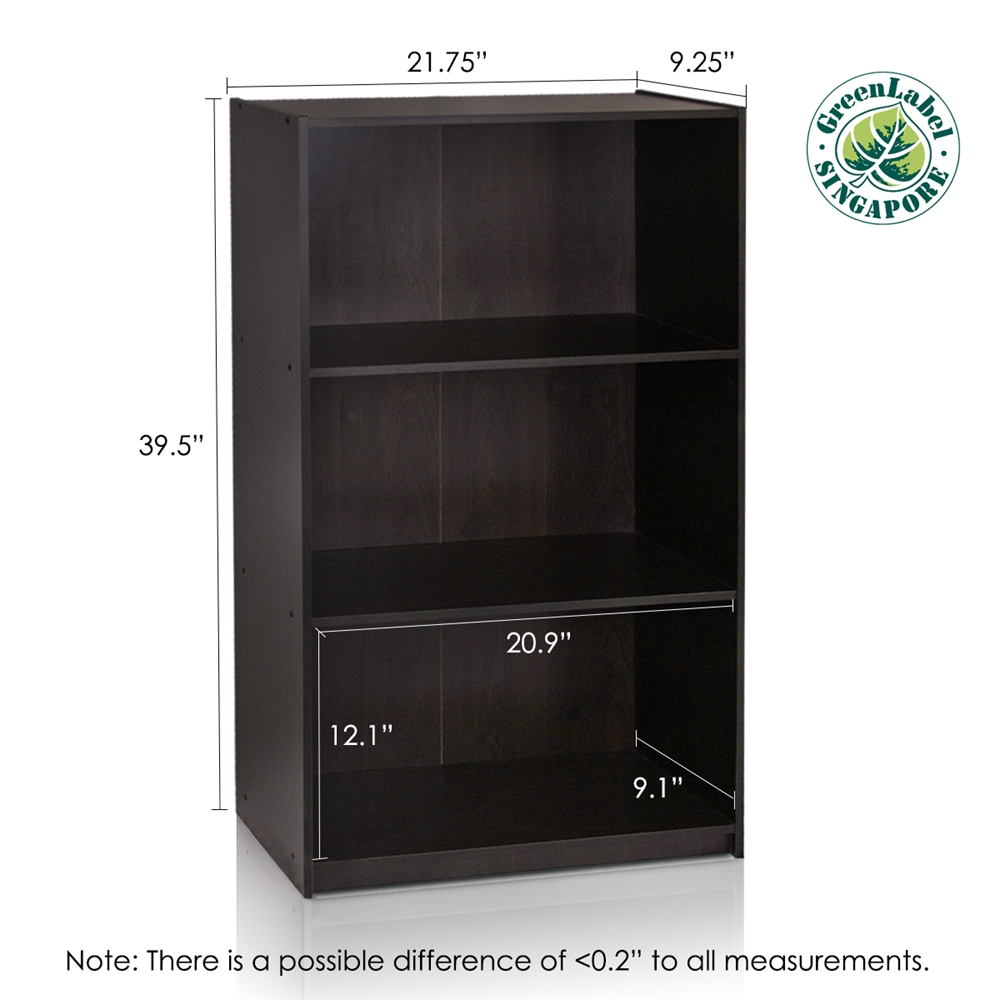 Basic 3-Tier Bookcase Storage Shelves, Espresso