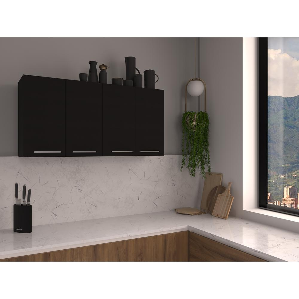 Oceana 120 Wall-Mounted Kitchen Cabinet in Black Wengue | 4-Door Storage Cabinet with Dish & Glass Racks