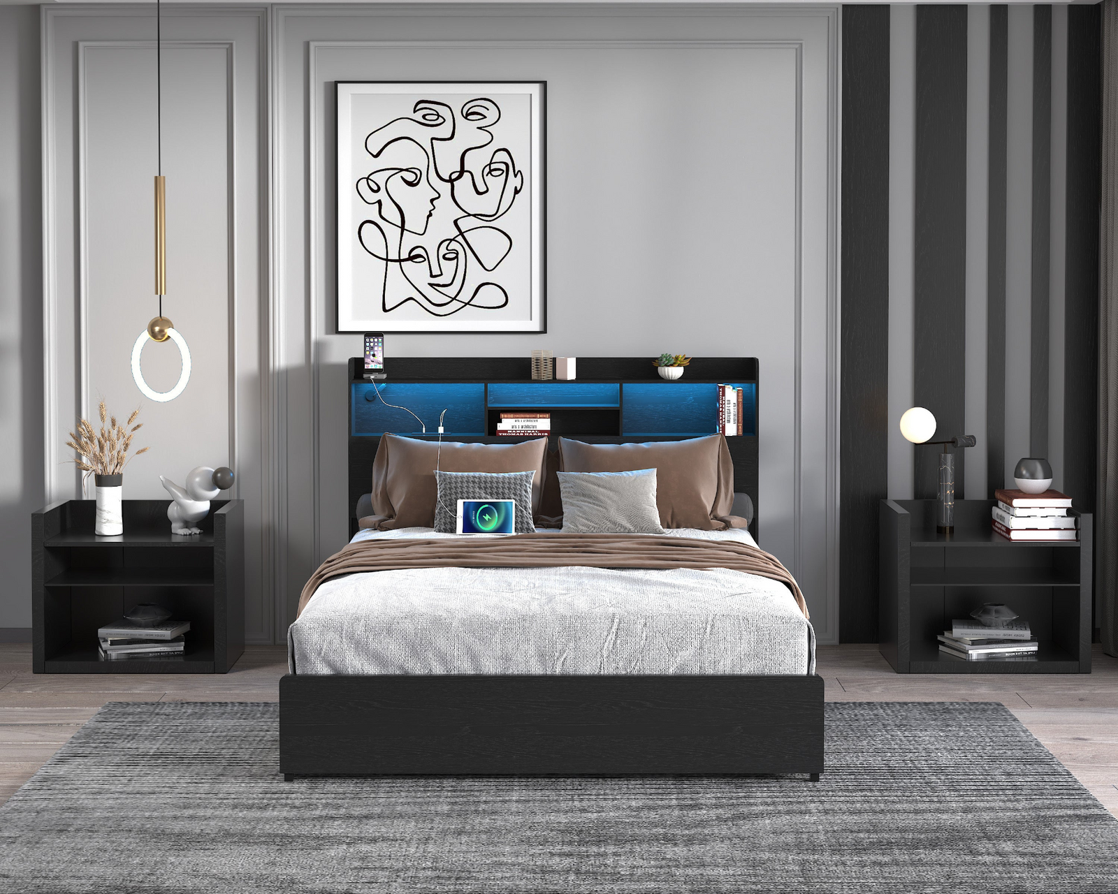 Full Bed Frame with 4 Storage Drawers Full Bed Frame with Headboard and Storage Shelf, Storage Bed with Led and Charging Station, No Noise,No Box Springs Needed,Black