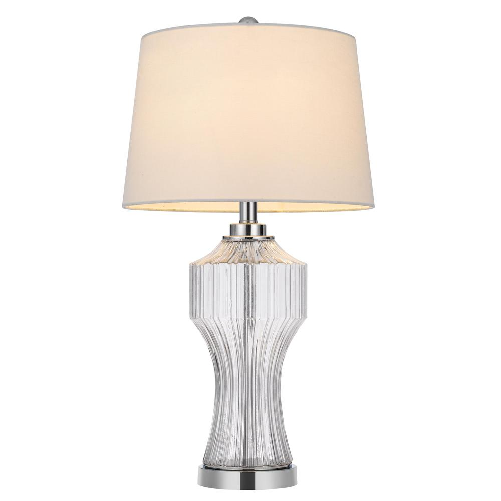 100W Reston Column Glass Table Lamp – 3-Way with Geometric Design and Linen Shade