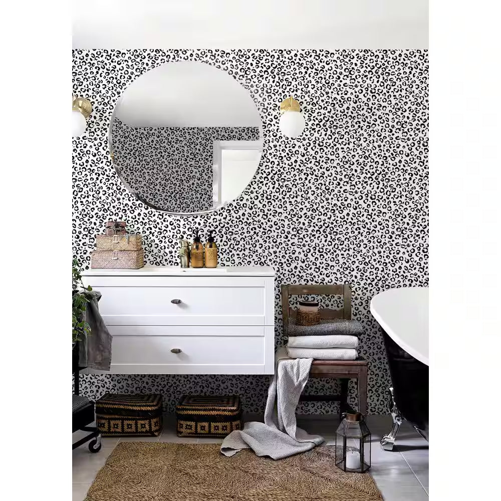 Black and White Leopard Print Vinyl Peel and Stick Wallpaper Roll 30.75 sq. ft
