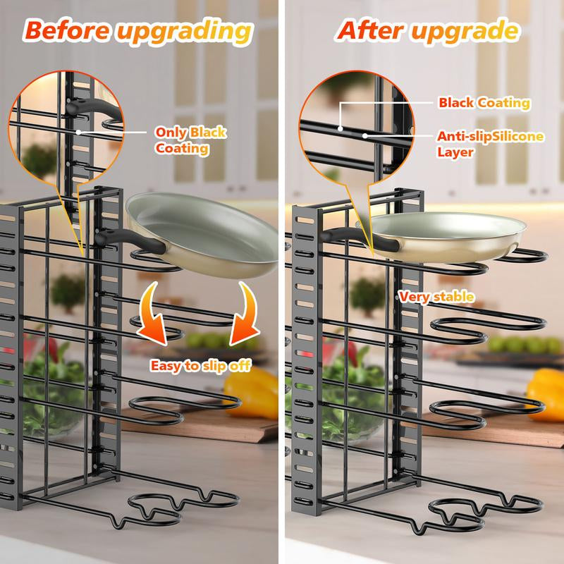 8-Tier Adjustable Pots and Pans Organizer Rack for Cabinets – Metal Kitchen Storage, Cookware and Lid Holder, Stackable Dish Rack for Kitchen Organization