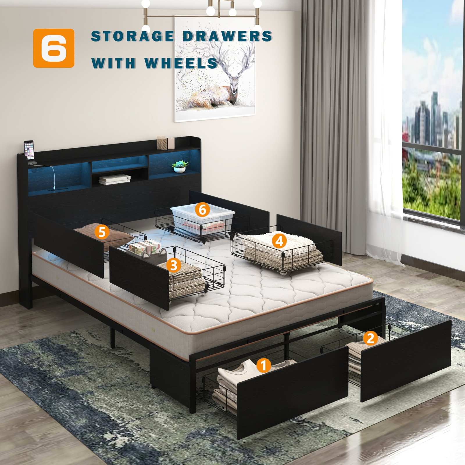 Queen Bed Frame with 6 Storage Drawers Queen Bed Frame with Headboard and Storage Shelf, Storage Bed with Led and Charging Station, No Noise,No Box Springs Needed,Black