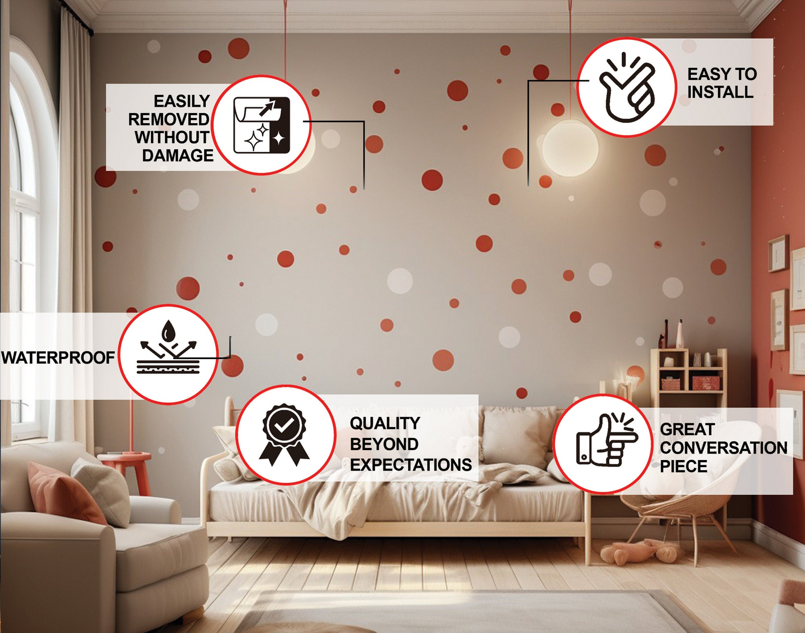 White and Red Polka Dot Peel and Stick Wall Decal Set (200 Pieces)
