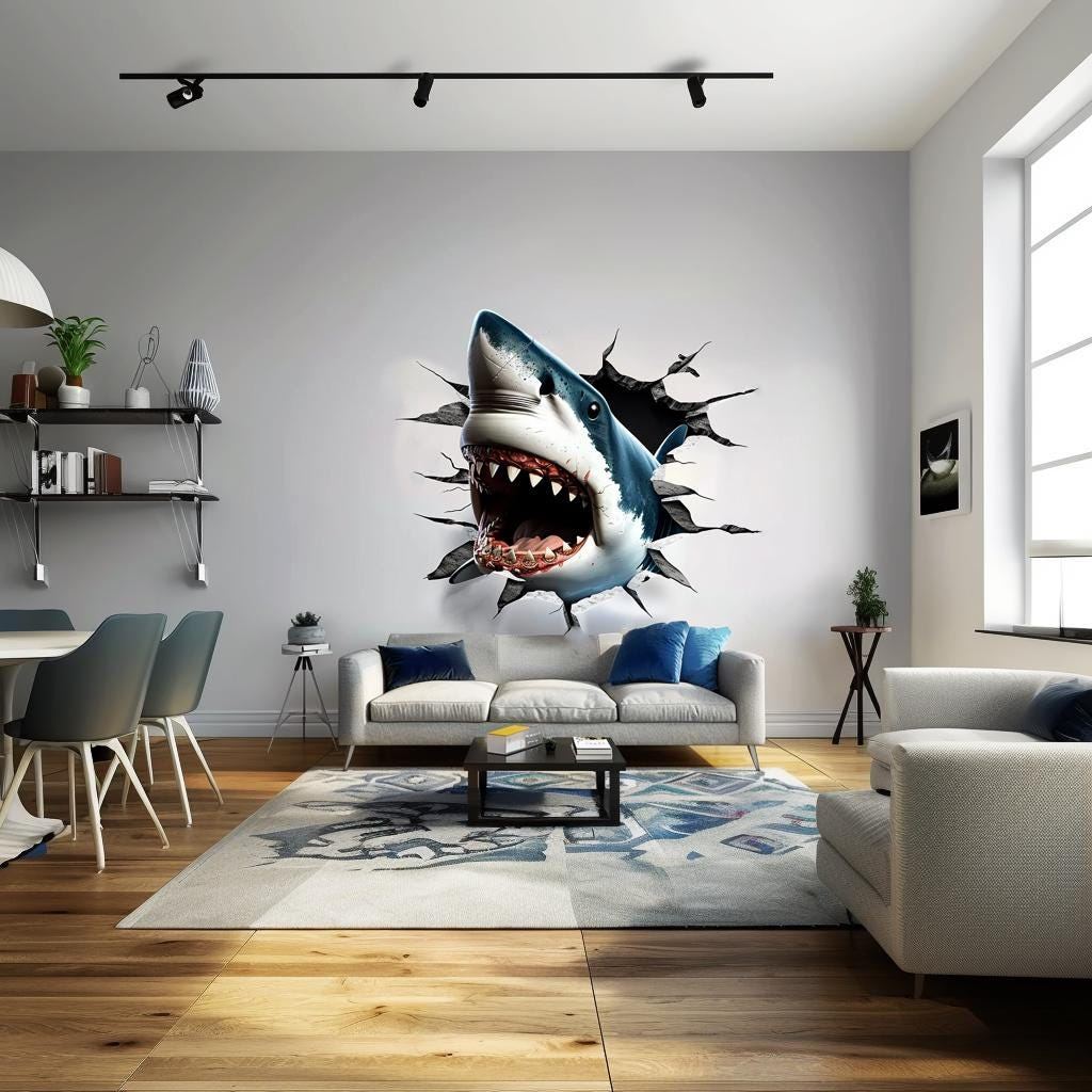 3D Great White Shark Wall Sticker – Peel and Stick Ocean Wall Decal for Living Room, Bedroom, and Entertainment Spaces