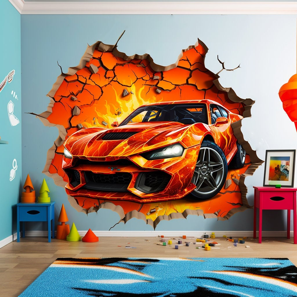 3D Fire Car Wall Sticker – Sports Car Peel & Stick Mural for Boys’ Bedrooms