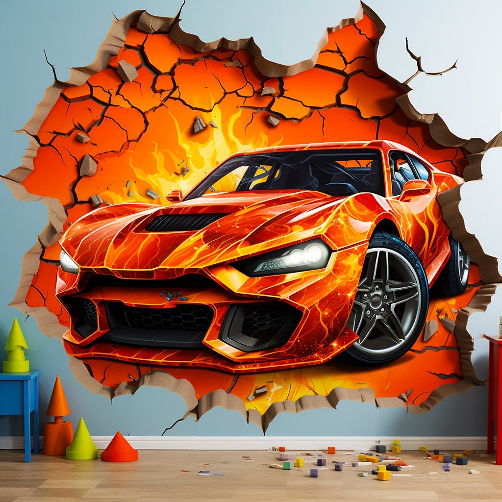 3D Fire Car Wall Sticker – Sports Car Peel & Stick Mural for Boys’ Bedrooms