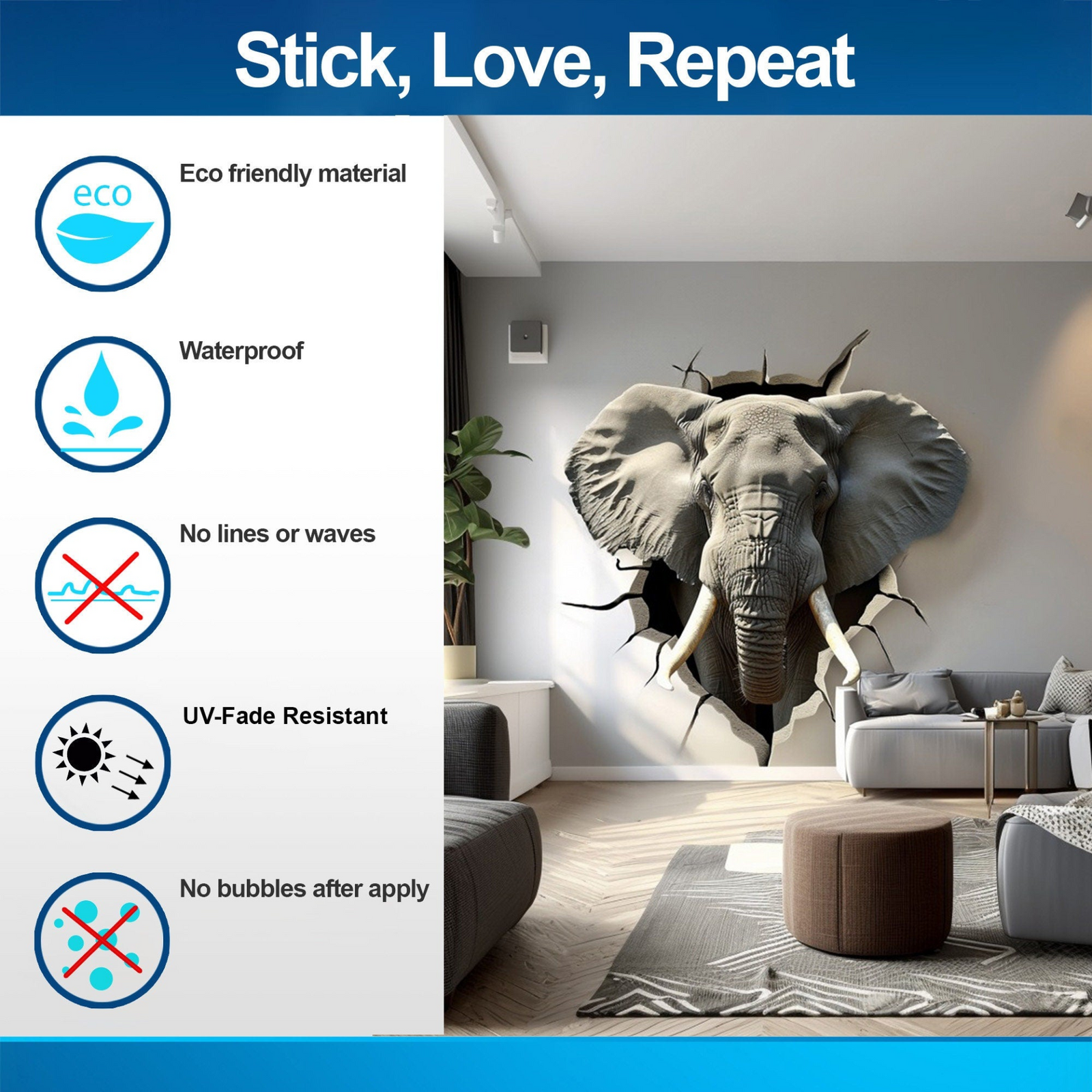 3D Elephant Head Wall Sticker – Peel and Stick Vinyl Wall Decal with Broken Wall Effect