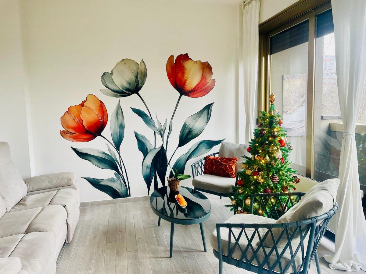 Watercolor Tulip Wall Decal – Removable Vinyl Floral Wall Mural for Living Room, Bedroom, or Studio