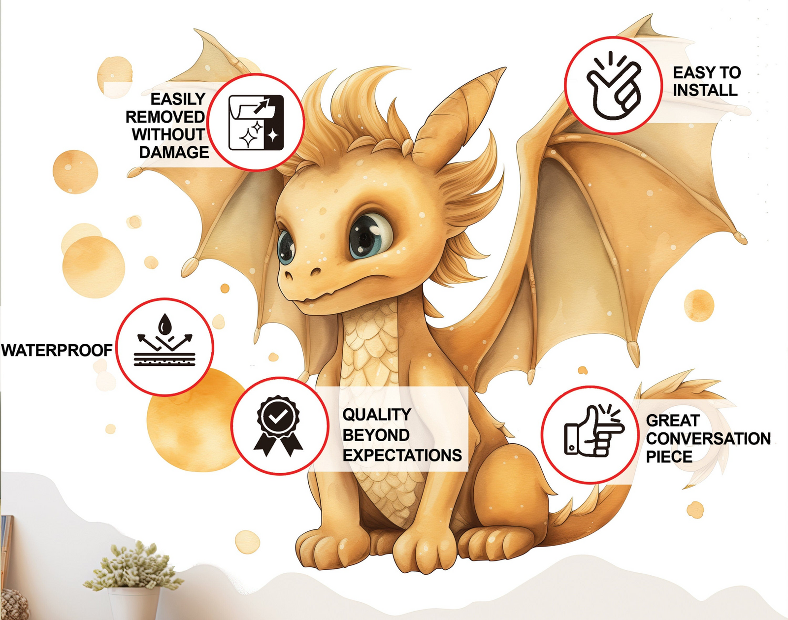 Enchanted Gold Dragon Wall Decal – Fantasy Baby Dragon Vinyl Sticker for Nursery and Playroom Decor