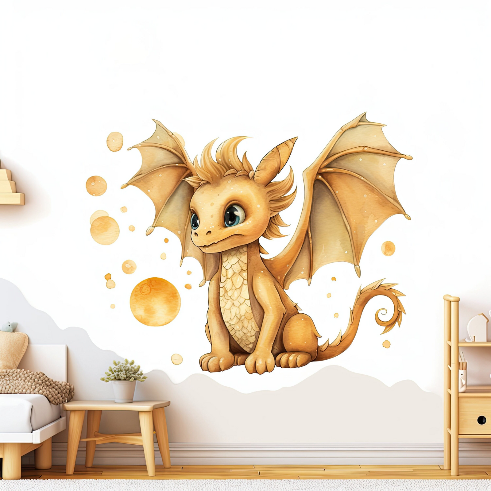Enchanted Gold Dragon Wall Decal – Fantasy Baby Dragon Vinyl Sticker for Nursery and Playroom Decor