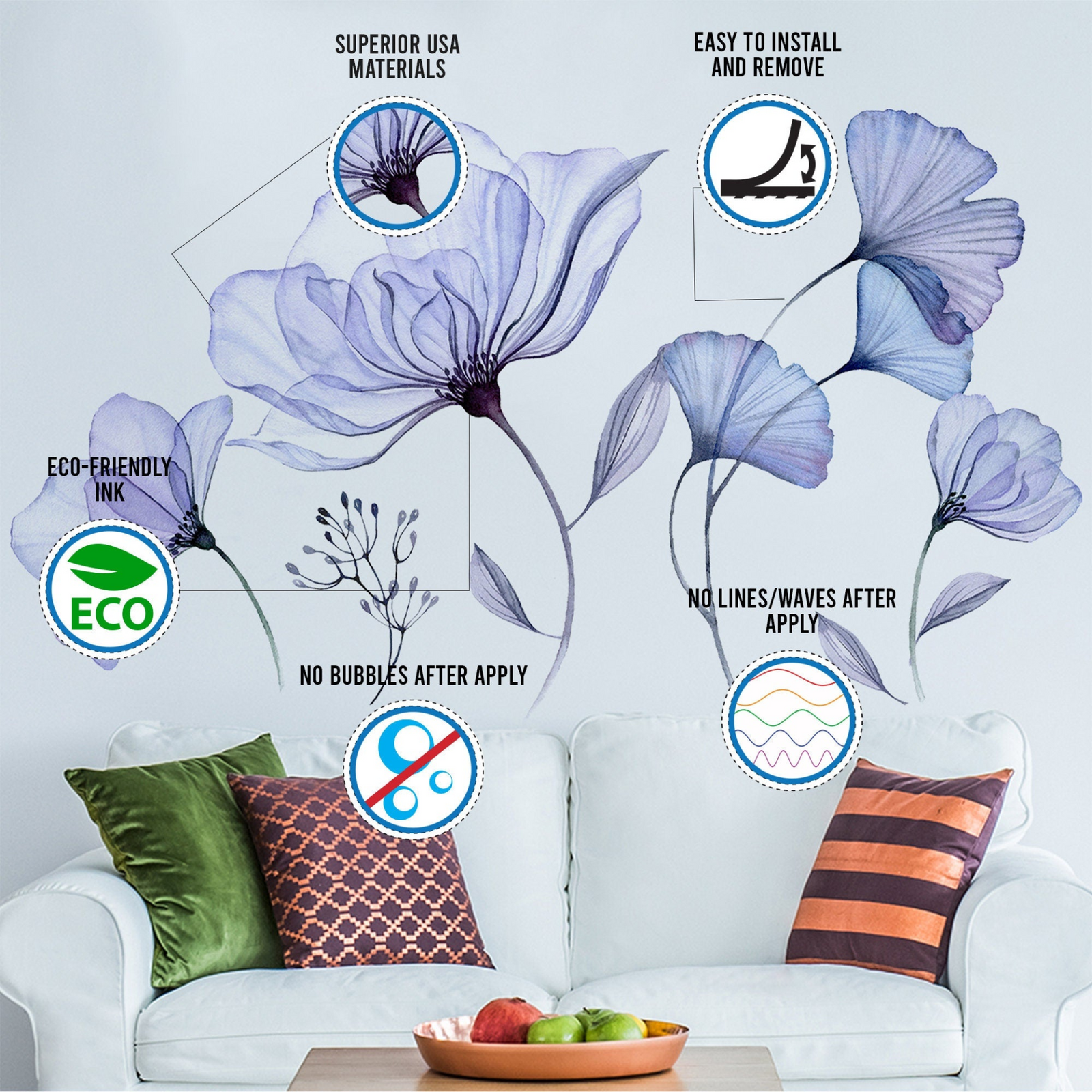 3D Blue Floral Wall Sticker – Peel and Stick Vinyl Flower Mural for Living Room Decor