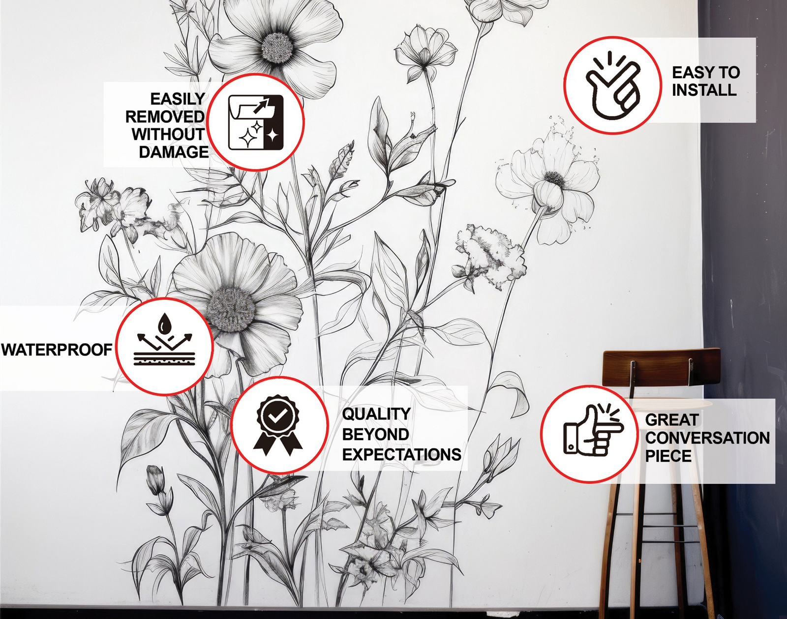 Monochrome Botanical Wall Sticker – Elegant Black Floral Vinyl Wall Decal for Modern Interiors