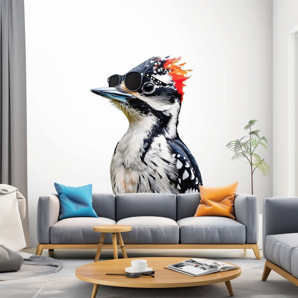 Downy Woodpecker Wall Decal with Glasses – Nature-Inspired Vinyl Art for Playful, Character-Filled Interiors