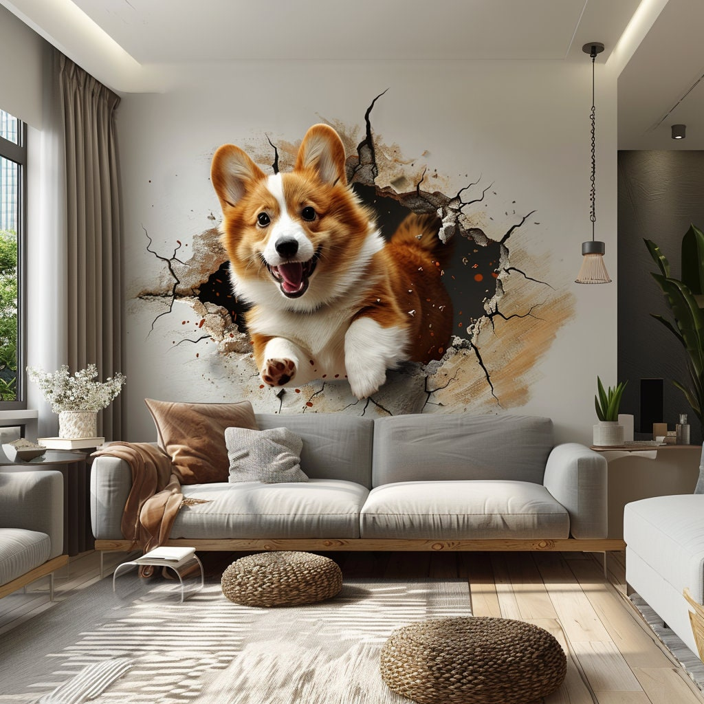 3D Corgi Dog Wall Decal – Peel and Stick Pet Wall Sticker with Breakthrough Effect