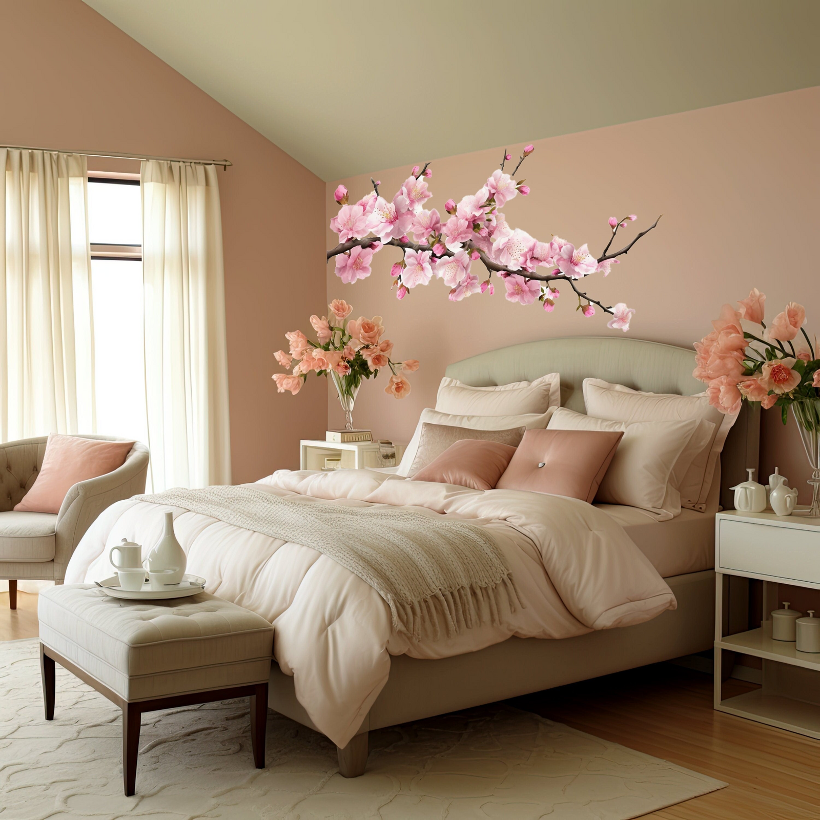 Delicate Cherry Blossom Branch Wall Decal – Serene Vinyl Nursery Wall Sticker for Bedroom Decor