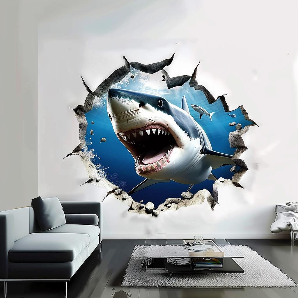 3D White Shark Wall Decal – Peel and Stick Ocean Wall Sticker with Crack Effect