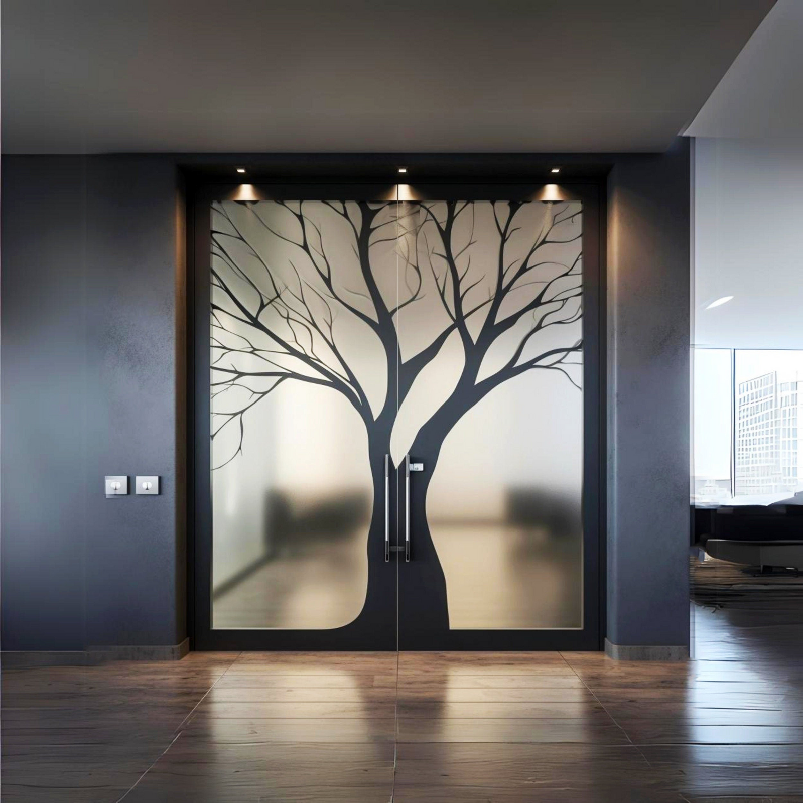 Frosted Black Tree Peel and Stick Window Decal – Vinyl Tree Silhouette Privacy Glass Film