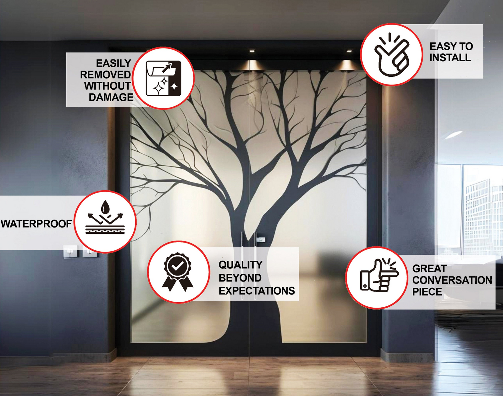 Frosted Black Tree Peel and Stick Window Decal – Vinyl Tree Silhouette Privacy Glass Film
