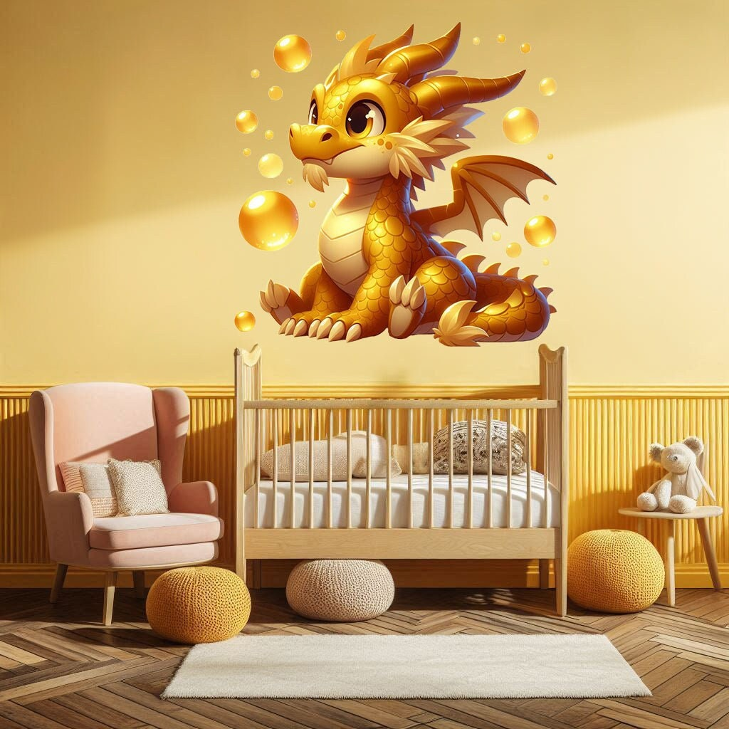 Golden Baby Dragon Wall Decal – Fantasy Vinyl Wall Art for Magical, Imaginative Kids’ Spaces