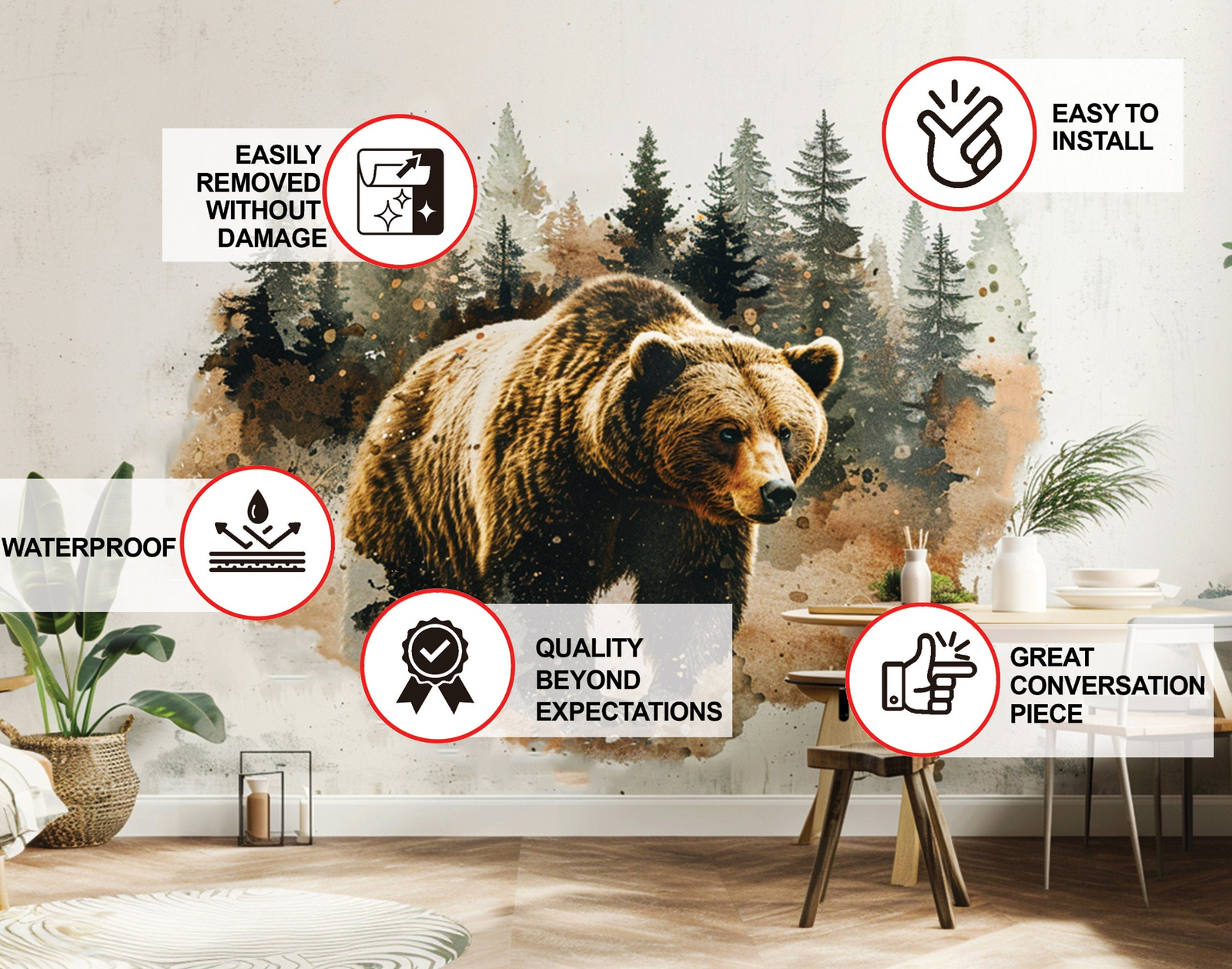 Bear in Forest Wall Sticker – Textured Wildlife Vinyl Mural for Nature-Inspired Interior Decor