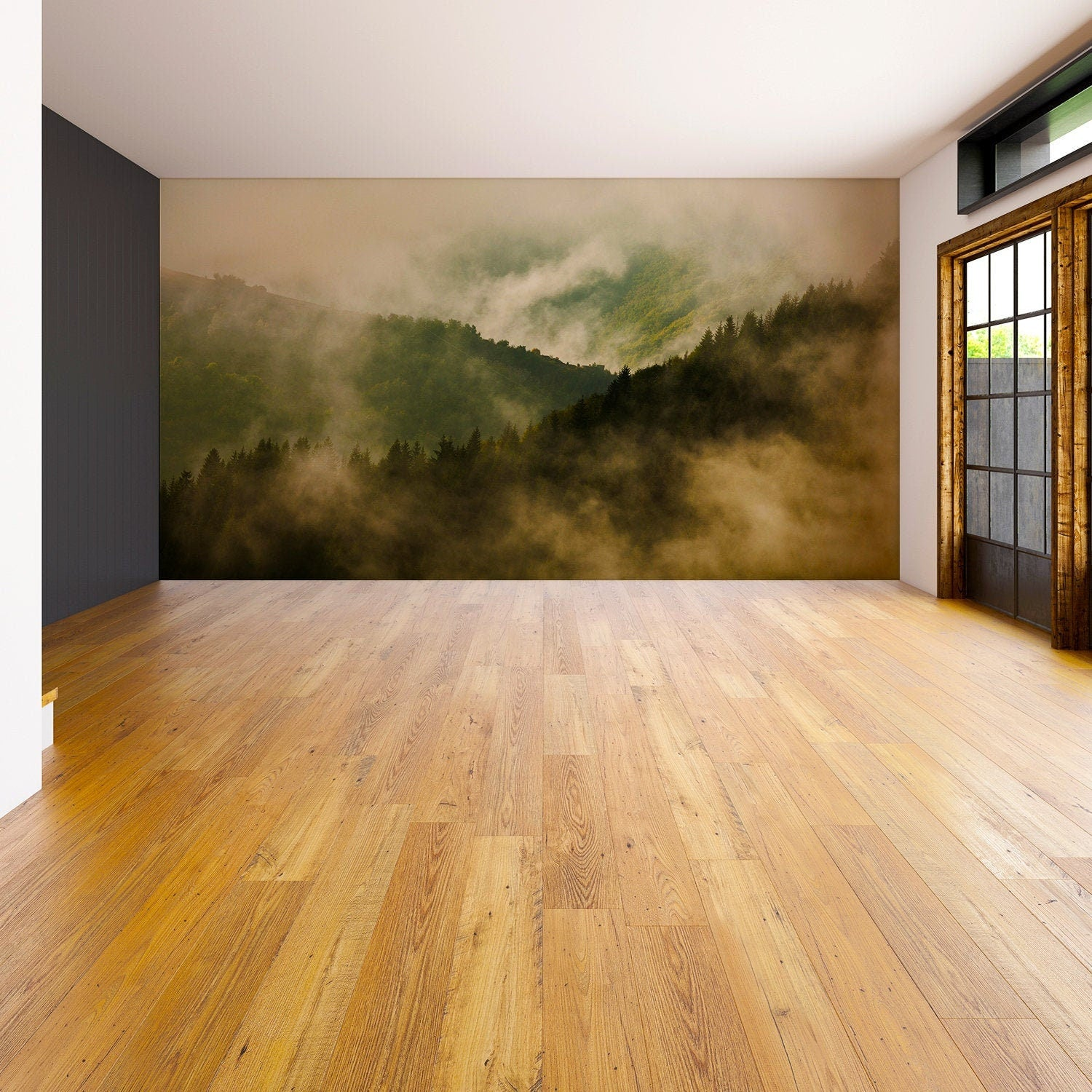 Foggy Forest Wallpaper Sticker Mural | Mountain Tree Fog Removable Wall Art Decal