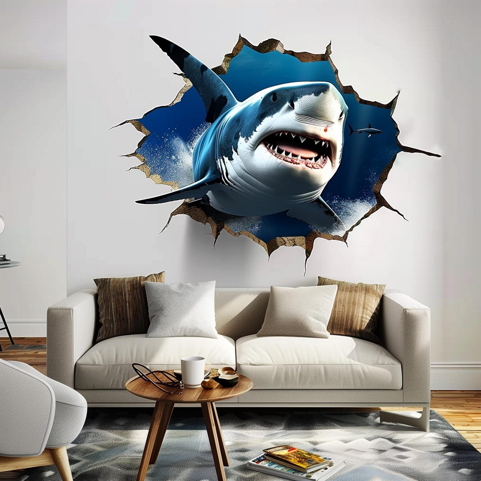 Peel and Stick Wall Sticker – 3D Tiger Shark Breakthrough Design for Bold Interior Spaces