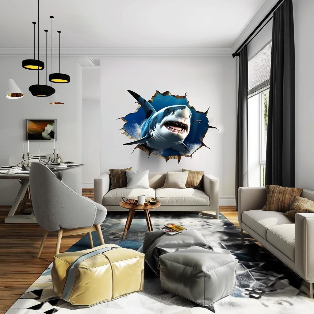 Peel and Stick Wall Sticker – 3D Tiger Shark Breakthrough Design for Bold Interior Spaces