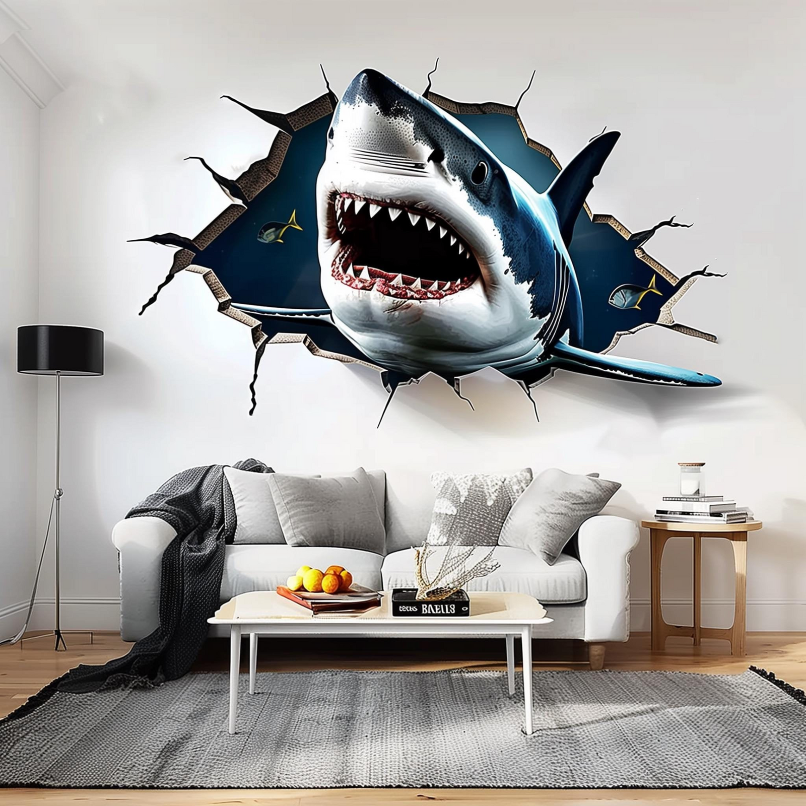 3D Great White Shark Wall Sticker – Peel and Stick Ocean Wall Decal for Living Room and Entertainment Spaces