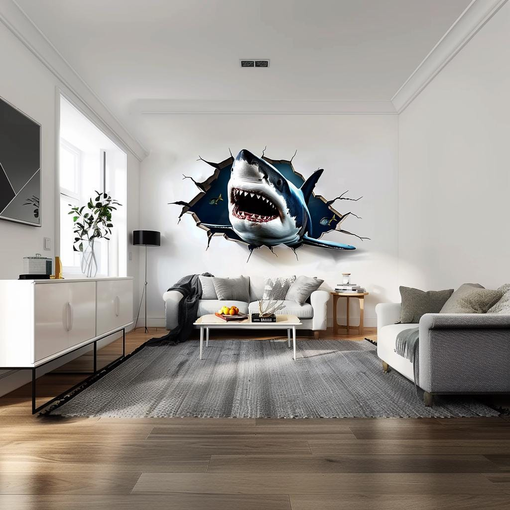 3D Great White Shark Wall Sticker – Peel and Stick Ocean Wall Decal for Living Room and Entertainment Spaces