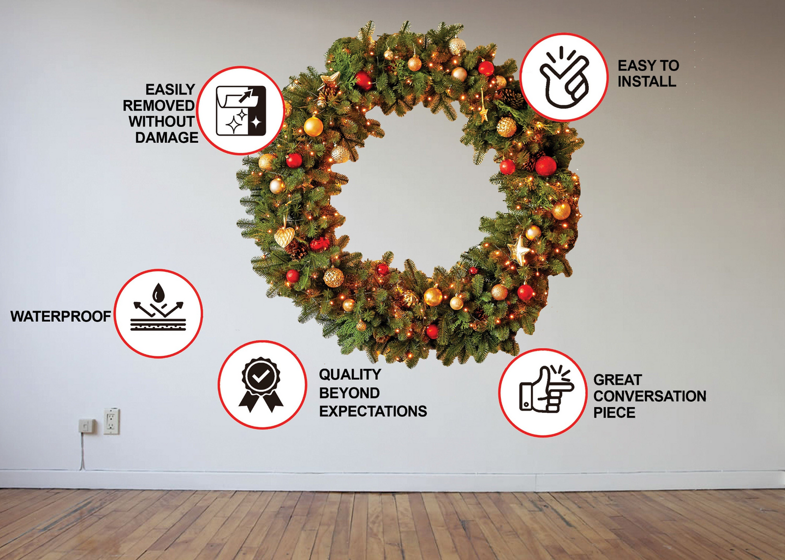 Christmas Wreath Wall Decal – Festive Vinyl Sticker with Lights and Ornaments for Holiday Wall Decor