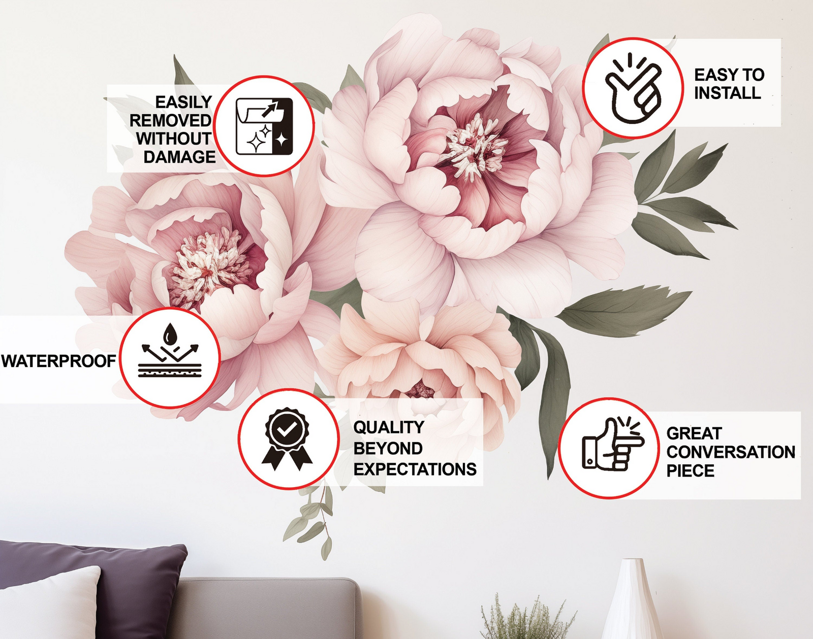 Elegant Peony Flowers Wall Decal – Watercolor Floral Peel and Stick Wall Decor