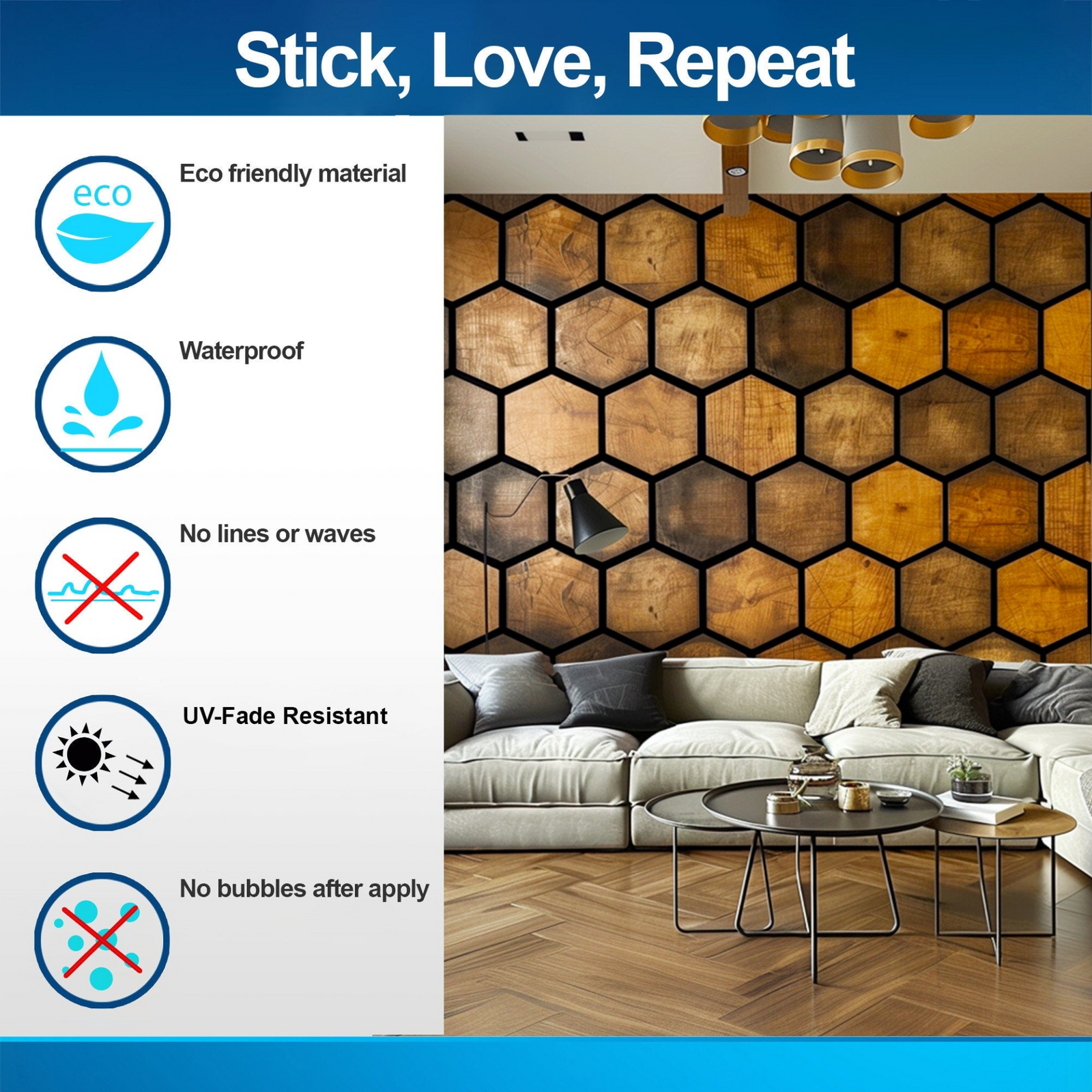 Hexagonal Wood Effect Honeycomb Wall Decal – Black Accent Rustic Peel-and-Stick Wallpaper