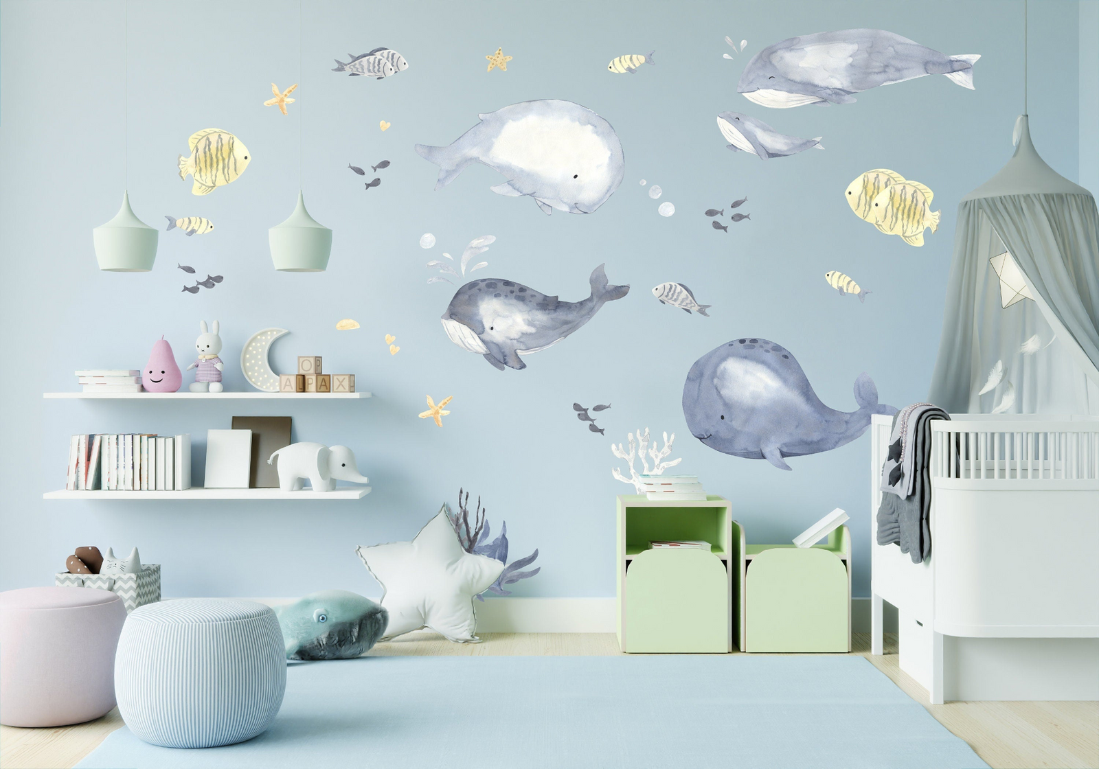Whale Wall Decal – Peel and Stick Ocean Nursery Wall Sticker for Kids Room